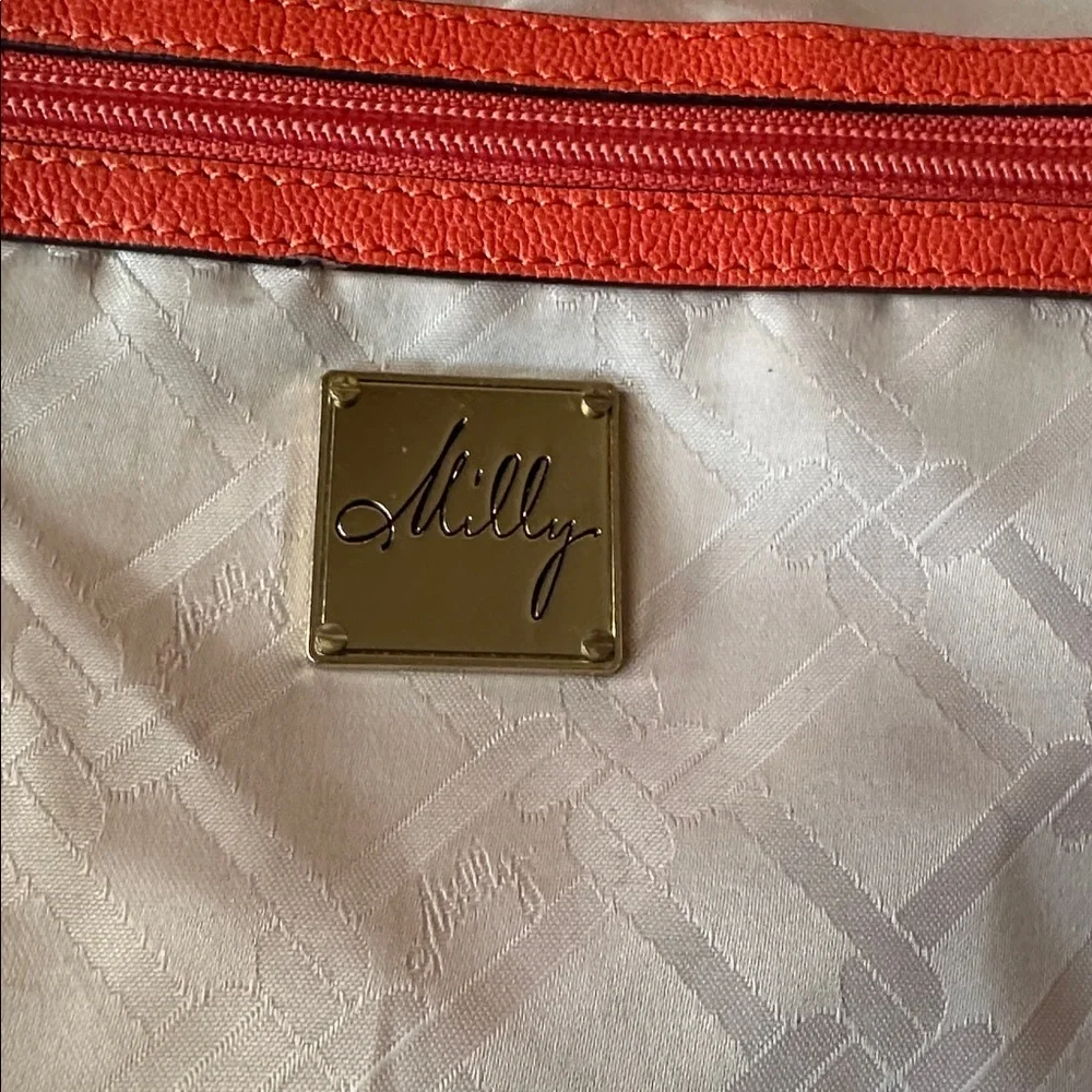 🔥 Milly Orange Coral Leather Carryall Hobo Shoulder Bag Gold Studs Suede Accent